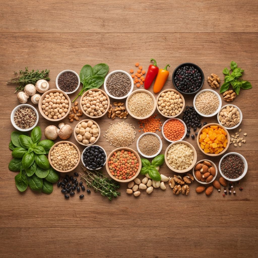 Wide overhead flat-lay of diverse whole plant ingredients including legumes, grains, fresh vegetables and herbs