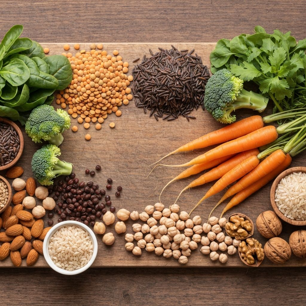 Diverse plant-based foods showing different dietary pattern variations including legumes, vegetables, whole grains and nuts