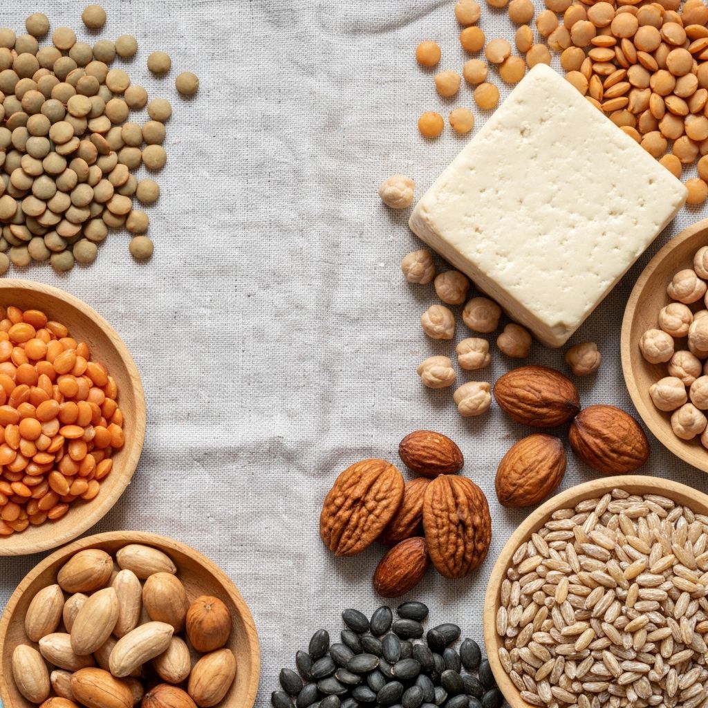 Close-up flat-lay of nutrient-rich plant foods including legumes, grains, seeds and nuts