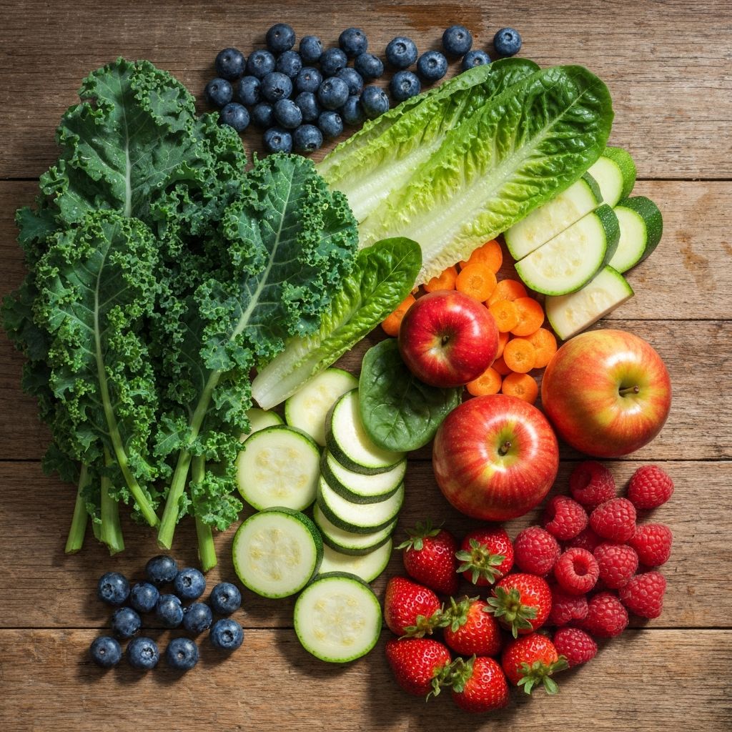 Fresh whole plant foods showing water content and texture, including leafy greens, vegetables and fruits